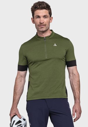 Short-sleeve cycling jersey in olive green with a half-zip, contrasting black accents on sleeves and sides, textured fabric, athletic fit.