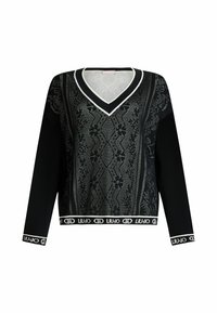 Maglione nero con scollo a V e maniche lunghe, caratterizzato da intricati motivi neri e grigi, un finitura testurizzata e un orlo con logo stampato.