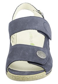 Navy blue suede sandal featuring two adjustable straps, an open toe, and a textured metallic accent on the outer strap. Contrasting sole.