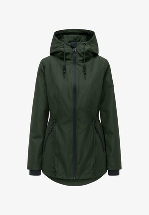 Dark green hooded jacket with front zipper, adjustable drawstrings on hood and waist, zippered side pockets, and long sleeves with inner cuffs.