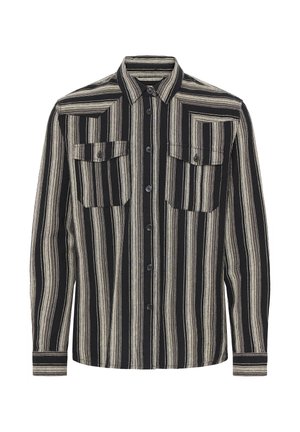 Langärmeliges Hemd zum Zumachen mit schwarzen und beigen vertikalen Streifen, spitzem Kragen und zwei verschließbaren Brusttaschen.