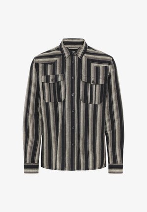 Langærmet skjorte med knapper, med sorte og beige lodrette striber, spids krave og to brystlommer med knaplukning.