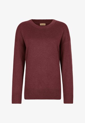 Bordowy sweter dziany z okrągłym dekoltem, opadającymi ramionami i ribbanym wykończeniem. Miękka struktura i luźny krój. Brak widocznych elementów metalowych lub wzorów.
