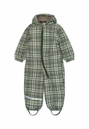 Combinaison de neige une pièce à capuche, à carreaux verts et blancs, avec fermeture éclair frontale, poignets élastiques, bande réfléchissante sur la jambe et sangles aux pieds.