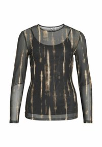 Dugih rukava, prozirna crna majica s uzorkom tie-dye u nijansama smeđe. Ima zaobljeni ovratnik i uski kroj, glatku teksturu.