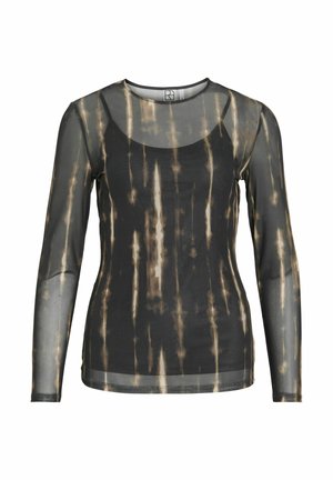 Langärmliges, halbtransparentes schwarzes Oberteil mit einem Batikmuster in Brauntönen. Verfügt über einen runden Ausschnitt und eine figurbetonte Silhouette, glatte Textur.