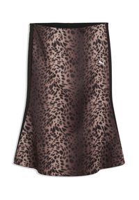 Brun og sort leopardprint atletisk nederdel med sorte sidepaneler og en lille hvid Puma-logo nær øverste højre side.