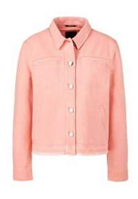 Lys pink denimjakke med knaplukning foran, to brystlommer, to sidelommer og en klassisk krave.