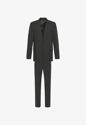 Donkergrijs tweedelig herenkostuum met enkelknopsblazer en bijpassende slim-fit broek, weergegeven op een witte achtergrond.