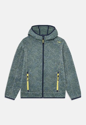 Fleece-takki sinivihreässä sekoituskuviossa, jossa on huppu, keltaisia vetoketjuakselteja ja kaksi etupuolen vetoketjullista taskua.