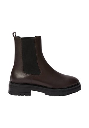 Botte Chelsea en cuir marron avec des panneaux latéraux en élastique, une boucle de traction et une semelle noire robuste avec des profondeurs pour une meilleure adhérence.