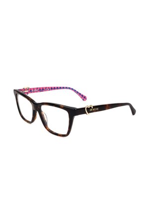 Montatura rettangolare in tartaruga con aste con motivo a cuori rosa e blu e dettaglio a cuore dorato vicino alle cerniere sulle aste nere.
