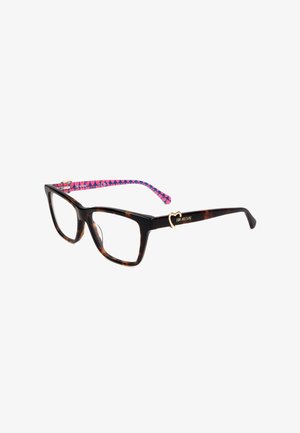 Montatura rettangolare in tartaruga con aste con motivo a cuori rosa e blu e dettaglio a cuore dorato vicino alle cerniere sulle aste nere.