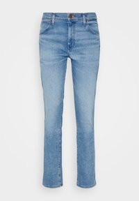 Ljusblå denimjeans med rak ben-design, som har knappstängning, fem fickor och medelhög midja.