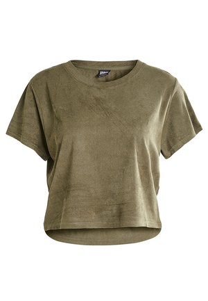 Short-sleeve, olive green ribbed cotton cropped T-shirt with crew neckline and slightly curved hem.