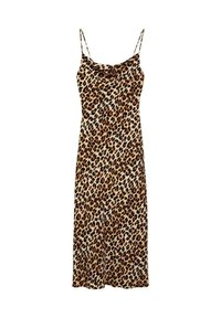 Rochie tip slip cu imprimeu leopard, cu bretele subțiri, având un decolteu drapat și o siluetă fluidă, realizată dintr-un material moale și ușor.