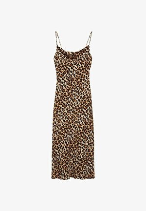 Leopardji vzorčen drsni naprav z tankimi spageti naramnicami, z drapiranim ovratnikom in tekočo silhueto, izdelan iz mehkega, lahkega blaga.