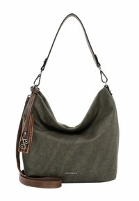 Olivegrüner Stoffhandtasche mit einem lässigen Design, ausgestattet mit einem braunen Leder-Schultergurt und einem dekorativen Quasten mit metallischen Akzenten.