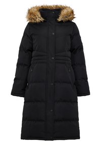 Long manteau d'hiver noir matelassé avec une capuche bordée de fausse fourrure marron, boutons-pression à l'avant et poches latérales zippées.