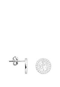 Silvriga stiftörhängen med ett träddesign i mitten, omgiven av en cirkel av små klara ädelstenar. Slät yta.