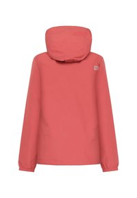 Roze waterdichte jas met capuchon, met elastische manchetten en een slank ontwerp. Logo op de bovenste linker achterkant. Glad textuur.