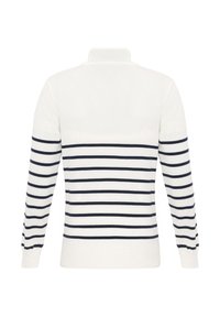Pull blanc avec des rayures horizontales bleu marine. Présente un col montant et des manches longues. Texture lisse avec des poignets et un ourlet côtelés.