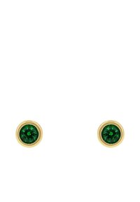 Pendientes de botón de oro con piedras preciosas verdes redondas de textura facetada, engastadas en un suave bisel de oro. Diseño simple y clásico.