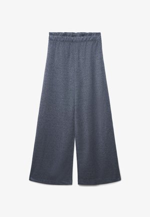 Pantaloni larghi grigio scuro realizzati in un morbido tessuto testurizzato. Presentano una vita elastica e un design rilassato e fluido.