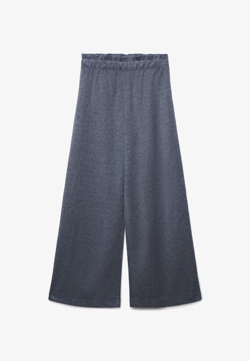 Ciemnoszare spodnie z szerokimi nogawkami, wykonane z miękkiego, teksturowanego materiału. Mają elastyczny pas i luźny, swobodny krój.