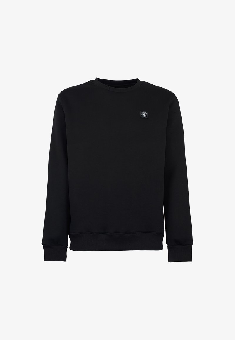 Felpa nera realizzata in tessuto morbido, con scollo rotondo, maniche lunghe, polsini e orlo a coste, e una piccola patch con logo sul lato sinistro del petto.