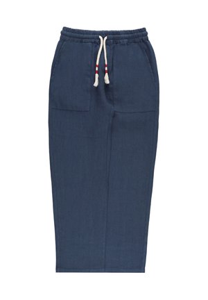 Pantaloni casual blu navy con vita elasticizzata e coulisse bianca con strisce rosse, tasche a toppa frontali e gambe dritte.