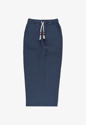 Pantaloni casual blu navy con vita elasticizzata e coulisse bianca con strisce rosse, tasche a toppa frontali e gambe dritte.