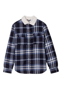 Camicia a quadri blu e navy con colletto in pile bianco. Presenta due tasche sul petto e bottoni marroni. Maniche lunghe con polsini abbottonati.