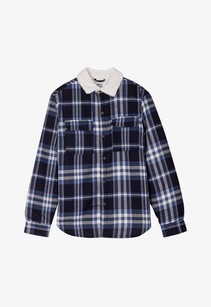 Marineblauw en blauw geruit overhemd met een witte fleece kraag. Heeft twee borstzakken en bruine knopen. Lange mouwen met knoopmanchetten.