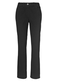 Pantalons en denim noir avec une coupe droite, dotés d'une fermeture à bouton et de deux poches avant. Texture lisse et tissu robuste.