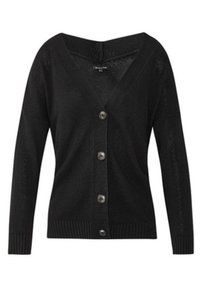 Schwarzer Cardigan aus einem weichen Strickstoff. Mit V-Ausschnitt, langen Ärmeln und einer durchgehenden Knopfleiste mit fünf runden silbernen Knöpfen.