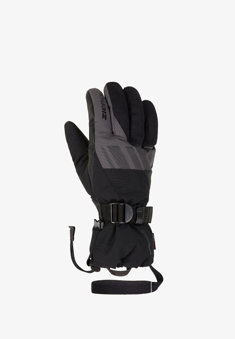 Black insulated gloves with a textured grip, adjustable wrist strap, and reinforced palm area. Features a buckle for secure fit.