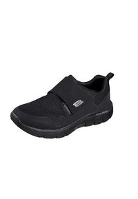 Scarpa sportiva nera con tomaia in maglia, cinturino elastico, suola ammortizzata e dettagli testurizzati per comfort e flessibilità.