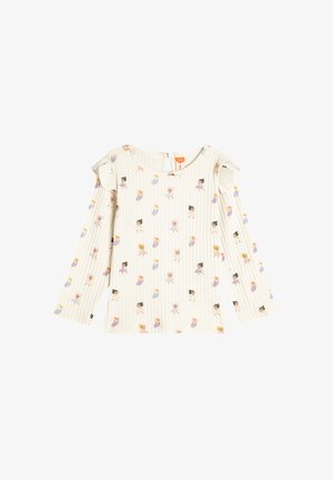 Rippierter Baumwoll-Pullover mit langen Ärmeln in Creme mit buntem Balletttänzer-Druck. Mit Rüschendetails an den Schultern, Rundhalsausschnitt und Rückenschließe.