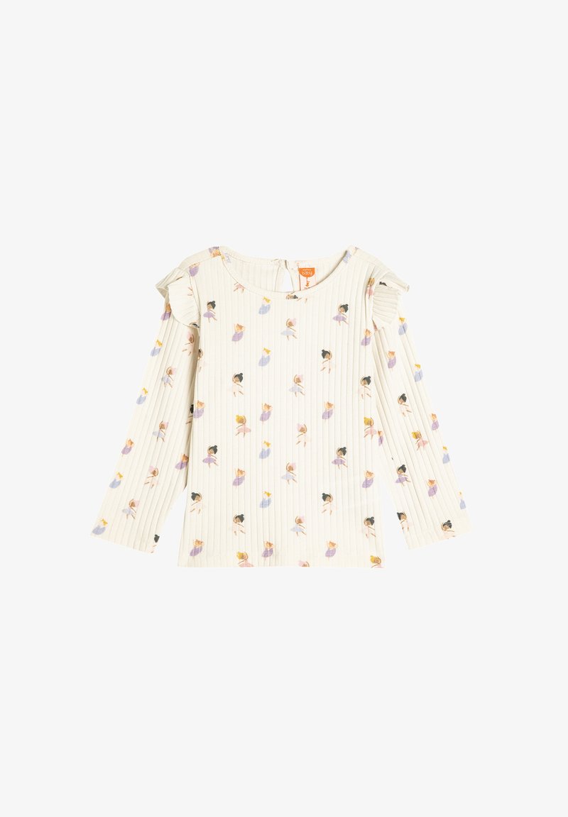 Ribbed cotton long-sleeve top in cream with colorful ballet dancer print. Features frill accents on shoulder, scoop neckline, and back closure.