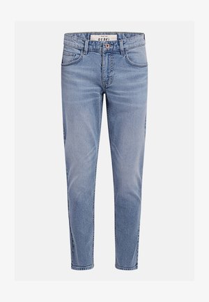 Lichtblauwe denim jeans met een slim fit, ontwerp met vijf zakken, sluiting met knopen en subtiele textuur. Klassieke rechte pijp met rafelige zoom.