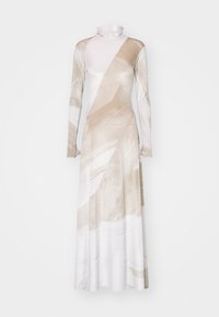 Lange, aansluitende jurk van een zachte, fluwelen stof met abstracte patronen in beige en wit, met een hoge hals en lange mouwen.
