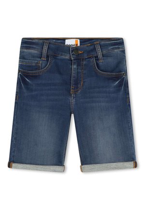 Shorts en denim bleu foncé avec des zones décolorées, ourlets roulés en bleu clair, cinq poches et coutures orange.