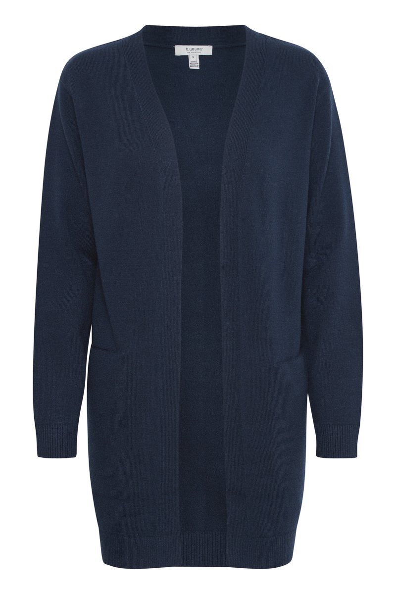 Tengerészkék nyitott elöl kardigán hosszú ujjakkal, bordázott mandzsettákkal és szegéllyel, két elülső zsebbel.