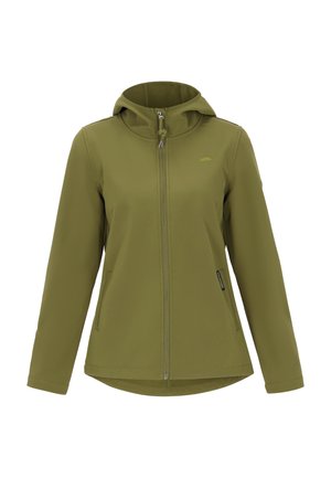 Olivno zelena softshell jakna s kapuco, z dolgim zadrgo spredaj, dvema stranskima žepoma in majhnim logotipom na prsih. Gladka tekstura.