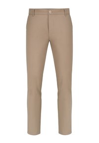 Beżowe spodnie w kant o gładkiej teksturze, z zapięciem na guzik i kieszeniami bocznymi, prostym kroju nogawek oraz minimalnymi szwami.