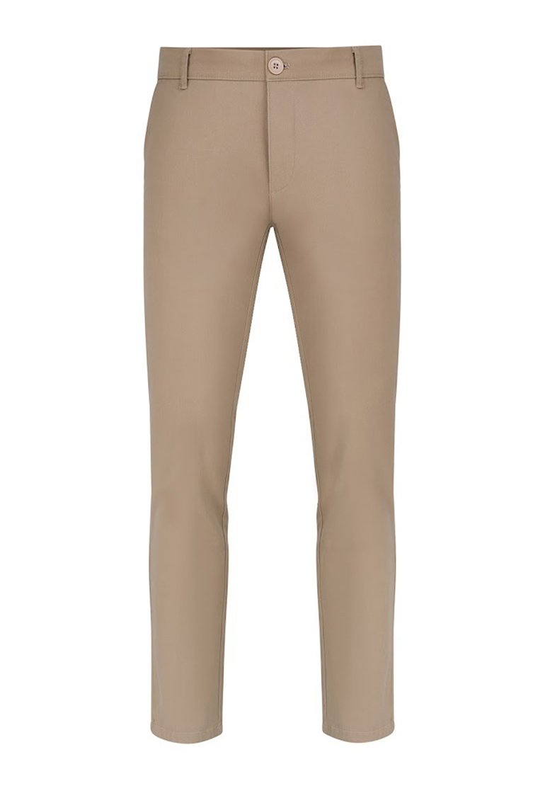 Beżowe spodnie w kant o gładkiej teksturze, z zapięciem na guzik i kieszeniami bocznymi, prostym kroju nogawek oraz minimalnymi szwami.