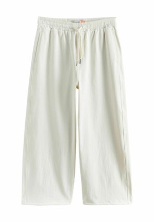 Off-white wijde broek met elastische tailleband en trekkoord, voorzien van zijritspockets en een gestructureerde stof.