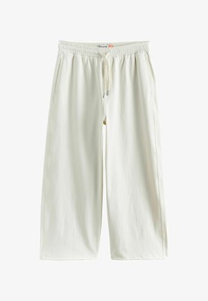 Off-white wijde broek met elastische tailleband en trekkoord, voorzien van zijritspockets en een gestructureerde stof.