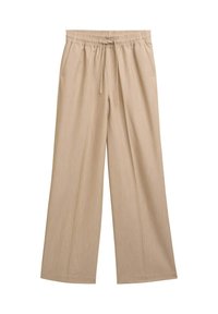 Pantaloni beige a gamba larga realizzati in un tessuto testurizzato. Presentano una vita elastica con cordoncino e tasche laterali. Design semplice e lineare.